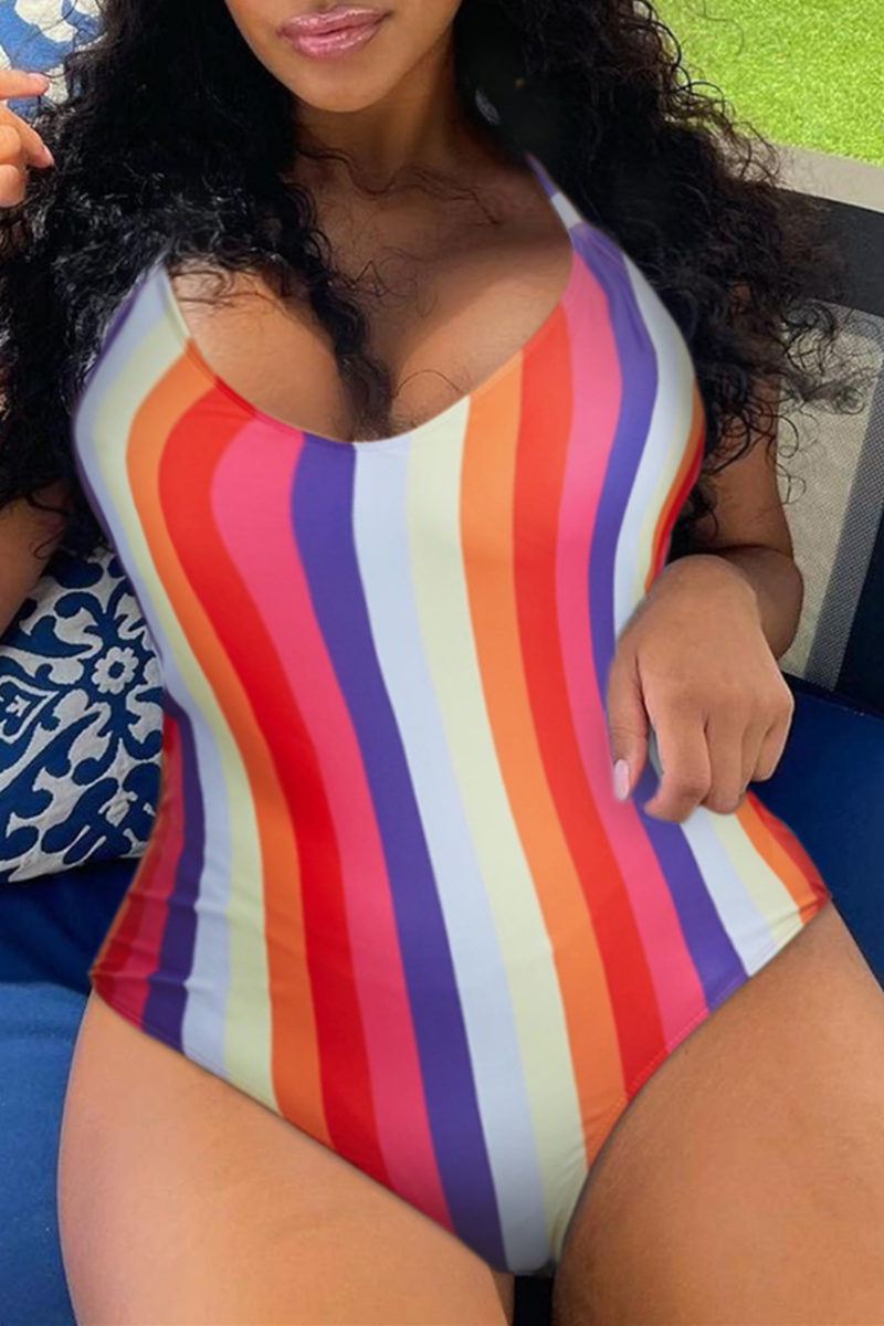 

Multicolor Fashion Sexy Striped Print Bandage Backless Halter Plus Size Swimwear (With Paddings)