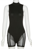 Macacão skinny preto fashion casual patchwork transparente com gola alta