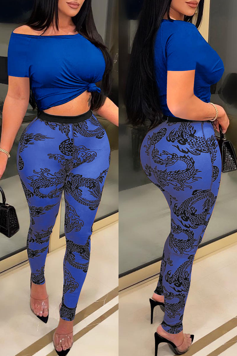 Blue Fashion Casual Print Split Joint O Neck Short Sleeve Two Pieces
