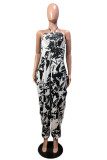Zwart Wit Sexy Casual Print Bandage Backless Strapless Regular Jumpsuits