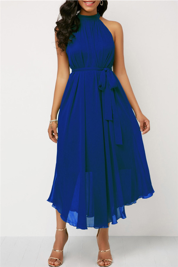 Синее модное повседневное однотонное лоскутное платье без рукавов с круглым вырезом и круглым вырезом