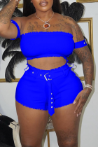 Синий сексуальный однотонный лоскутный комплект из двух предметов с открытыми плечами и короткими рукавами