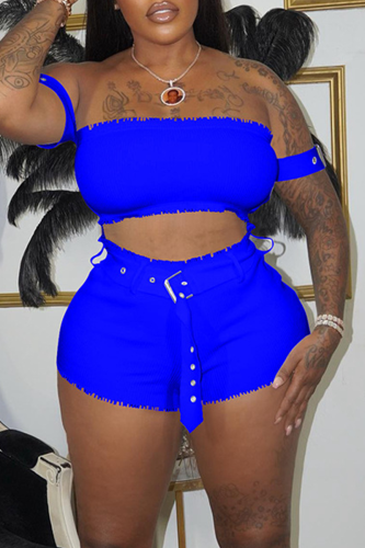 Blue Sexy Solid Split Joint Off the Shoulder Short Sleeve Two Pieces