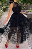 Black Fashion Sexy Dot Solid Patchwork See-through O-hals mouwloze jurkjurken