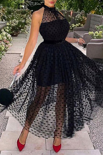Black Fashion Sexy Dot Solid Split Joint See-through O Neck Sleeveless Dress Dresses