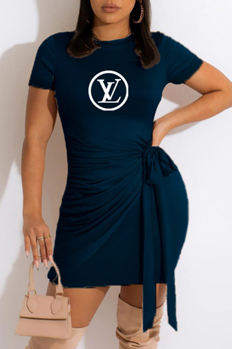 

Tibetan Blue Fashion Sexy Print Letter O Neck One Step Skirt Dresses