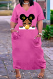 Black Pink Fashion Casual Print Basic V Neck Short Sleeve Plus Size Dresses