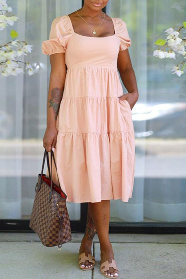 Roze casual zoete effen patchwork vierkante kraag A-lijn jurken