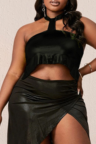 Black Sexy Solid Split Joint Backless Halter Plus Size Tops