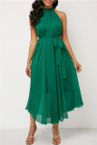 Grönt mode Casual Solid urholkad Patchwork O-hals ärmlös klänning
