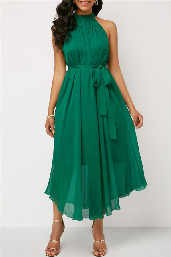 Зеленое модное повседневное однотонное лоскутное платье без рукавов с круглым вырезом и круглым вырезом