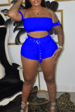 Blue Sexy Solid Patchwork Off the Shoulder Short Sleeve Two Pieces
