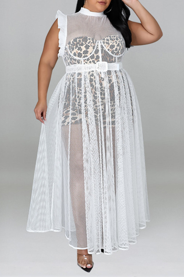 Weiß Mode Sexy Plus Size Lässig Solide Durchsichtig Mit Gürtel Half A Rollkragen Ärmelloses Kleid (Ohne Futter)