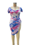 Paarse Mode Casual Print Tie-dye O-hals Plus Size Two Pieces