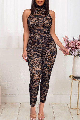 Black Sexy Solid Hollowed Out Patchwork Half A Turtleneck Skinny Jumpsuits