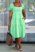 Verde claro casual dulce sólido patchwork cuello cuadrado una línea de vestidos