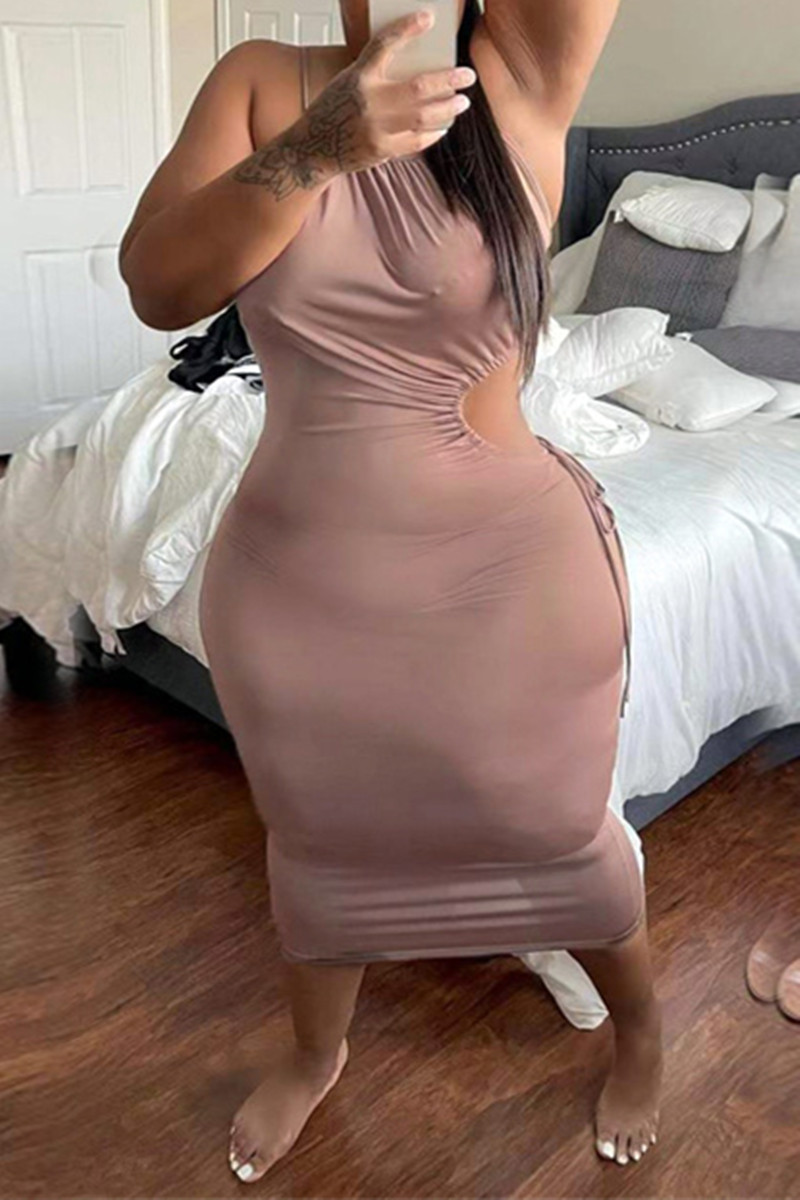 

Coffee Fashion Sexy Plus Size Solid Bandage Hollowed Out Backless Spaghetti Strap Sleeveless Dress