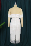 White Fashion Sexy Solid Tassel Patchwork Backless Off the Shoulder Evening Dress