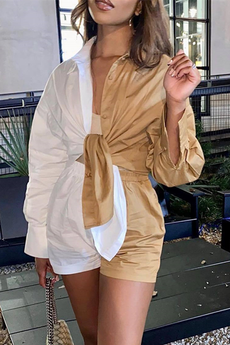

Khaki Fashion Casual Solid Split Joint Turndown Collar Long Sleeve Two Pieces