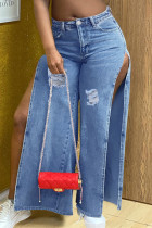 Medium Blue Fashion Casual Solid Ripped Thigh Split High Waist Regular Wide Leg Denim Jeans