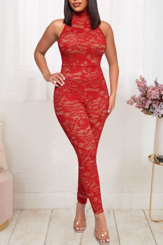 Red Sexy Solid Hollowed Out Patchwork Half A Turtleneck Skinny Jumpsuits