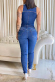 The cowboy blue Fashion Casual Solid Ripped Patchwork Turndown Collar Skinny Jumpsuits