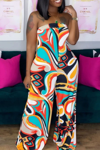 Colour Casual Print Bandage Patchwork Strapless Straight Jumpsuits