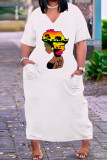 Белое модное повседневное платье больших размеров с принтом, базовое платье с v-образным вырезом и короткими рукавами