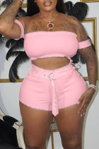 Розовый сексуальный однотонный лоскутный комплект из двух предметов с открытыми плечами и короткими рукавами