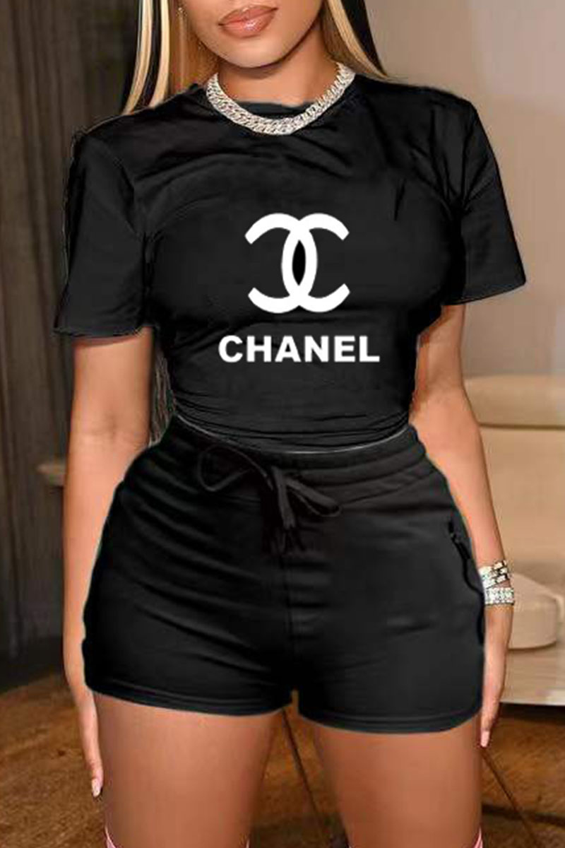 

Black Fashion Casual Print Letter O Neck Short Sleeve Two Pieces