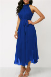 Blaues, modisches, lässiges, solides, ausgehöhltes, ärmelloses Patchwork-Kleid mit O-Ausschnitt