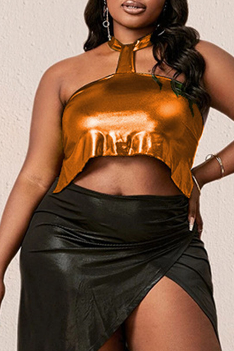 

Orange Yellow Sexy Solid Split Joint Backless Halter Plus Size Tops