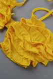 Желтые сексуальные сплошные выдолбленные лоскутные уздечки с лямкой на шее без рукавов из двух частей