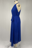 Blaues, modisches, lässiges, solides, ausgehöhltes, ärmelloses Patchwork-Kleid mit O-Ausschnitt