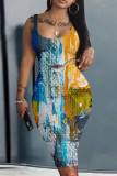 Серо-голубой уличный принт Пэчворк U-образный вырез Жилет Платье Платья