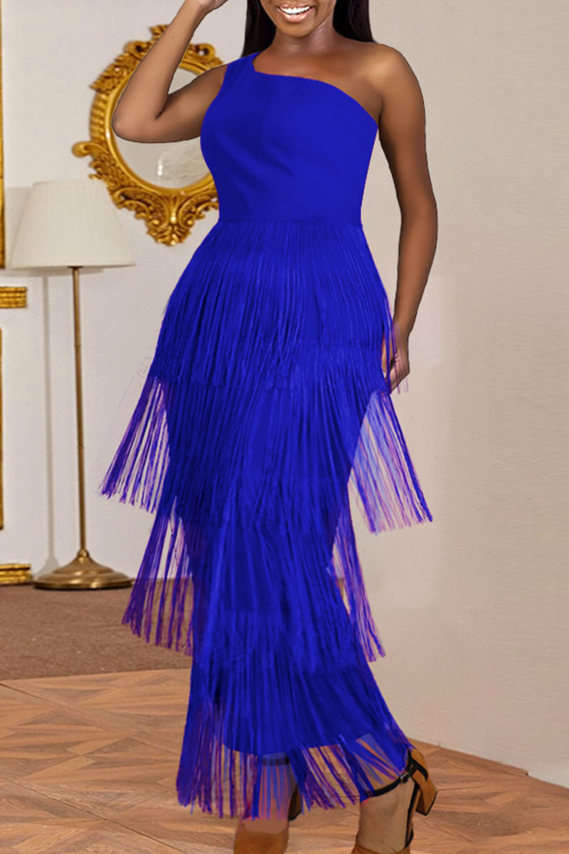 

Blue Fashion Solid Tassel Split Joint One Shoulder Sleeveless Dress