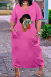 Pink Fashion Casual Print Basic V Neck Short Sleeve Plus Size Dresses
