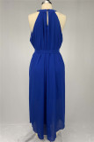 Robe bleue décontractée à la mode, couleur unie, ajourée, Patchwork, col rond, sans manches