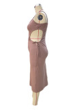 Coffee Fashion Sexy Plus Size Solid Bandage Hollowed Out Backless Spaghetti Strap Sleeveless Dress