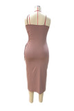 Coffee Fashion Sexy Plus Size Solid Bandage Hollowed Out Backless Spaghetti Strap Sleeveless Dress