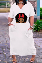 Красно-белое модное повседневное платье больших размеров с принтом, базовое платье с v-образным вырезом и короткими рукавами