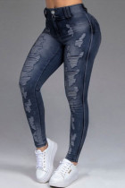 Donkerblauwe casual street effen gescheurde patchwork jeans met hoge taille