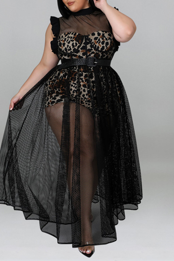 Schwarz Mode Sexy Plus Size Lässig Solide Durchsichtig Mit Gürtel Halb Ein Rollkragen Ärmelloses Kleid (Ohne Futter)