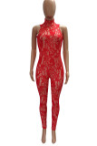 Red Sexy Solid Hollowed Out Patchwork Half A Turtleneck Skinny Jumpsuits
