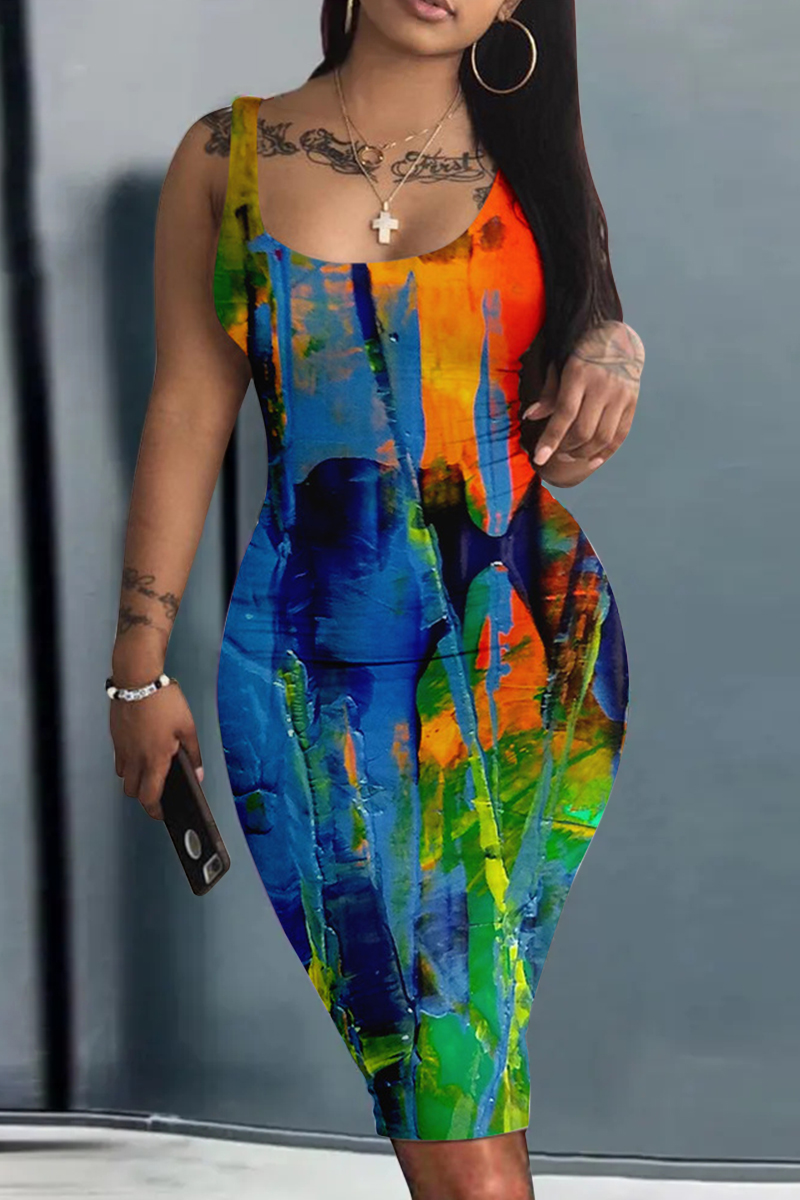 

Colorful Blue Street Print Patchwork U Neck Vest Dress Dresses
