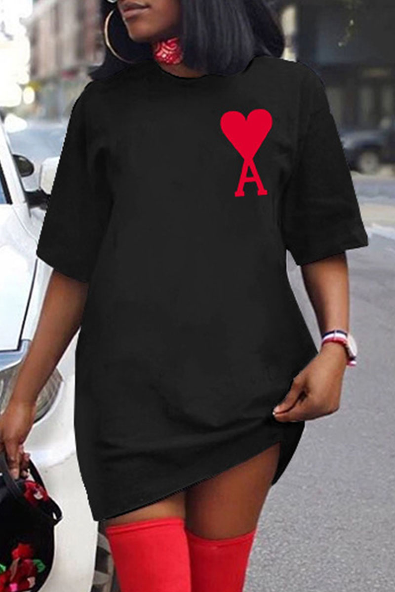 

Black Fashion Street Print Letter O Neck One Step Skirt Dresses