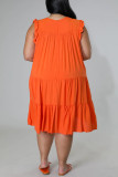 Tangerine Red Casual Solid Patchwork O Neck A Line Plus Size Dresses