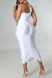 Weiße, sexy, einfarbige Bandage mit ausgehöhltem Patchwork-Neckholder-Ein-Schritt-Rock-Kleid