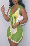Зеленый сексуальный узкий комбинезон с отложным воротником и принтом в стиле пэчворк