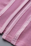 Rosa moda sexy patchwork transparente fenda gola quadrada manga longa duas peças